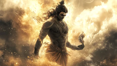 Mythic warrior figure stands in glowing storm of light