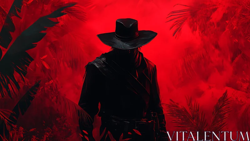Shadowed gunslinger silhouette in crimson jungle fog.