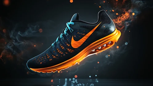 Neon orange running shoe with dynamic smoke lighting effects.