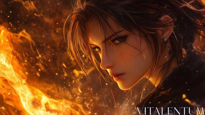 Fierce fire wielder gazes ahead with glowing determination