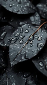 Soft raindrops rest gently on deep charcoal leaves