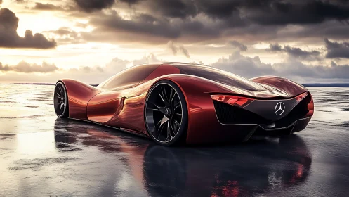 Sleek red concept car glides across a dramatic wet shoreline