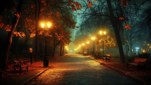 Foggy autumn park pathway under warm street lighting.