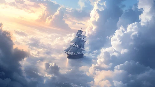 Sailing galleon traversing luminous stratocumulus cloud sea