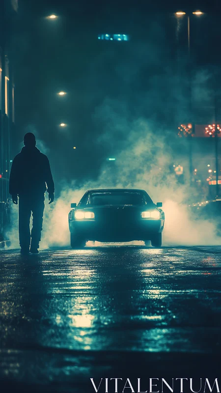 Silhouetted person walks toward car headlights in misty street