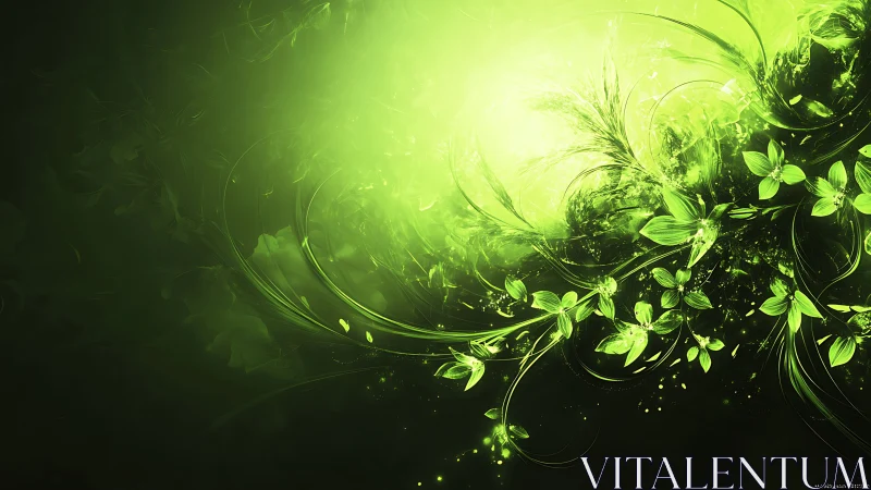 Luminous green floral abstraction occupies a dark gradient field