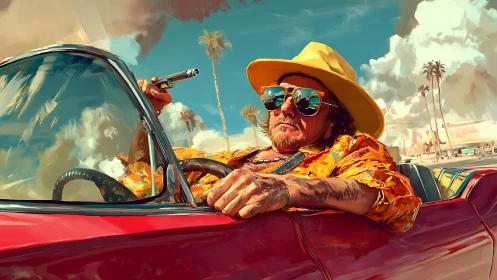 Man with revolver in red convertible under palm trees.