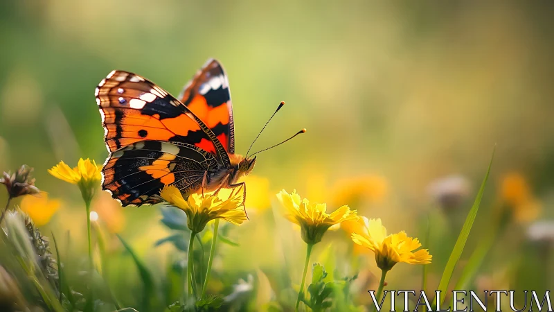 Vibrant butterfly poised on sunlit yellow meadow blooms.