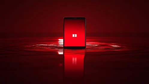 Smartphone stands on reflective red liquid surface with glow