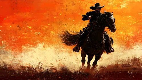 Lone rider thunders through molten sunset dust stormed sky.