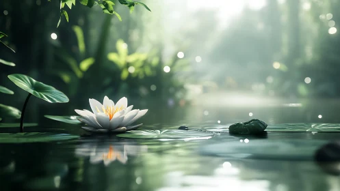 White water lily floats on misty forest pond at sunrise.