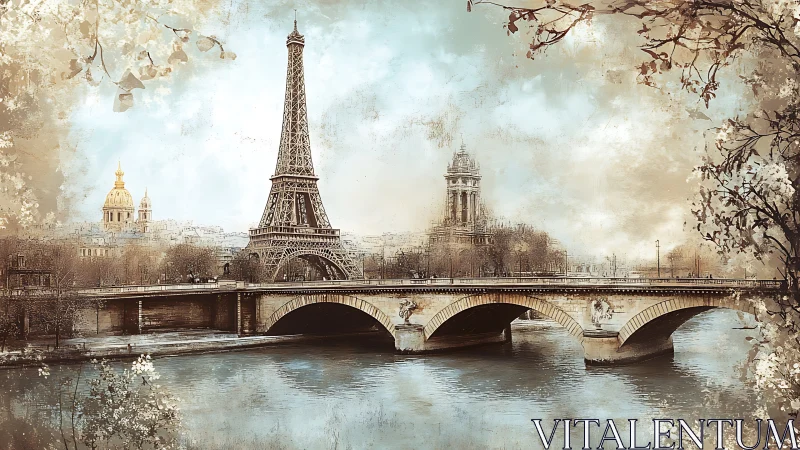 Dreamy Paris riverside frames Eiffel Tower in soft vintage light