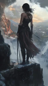 Solitary figure on cliff ledge above mist-filled valley.