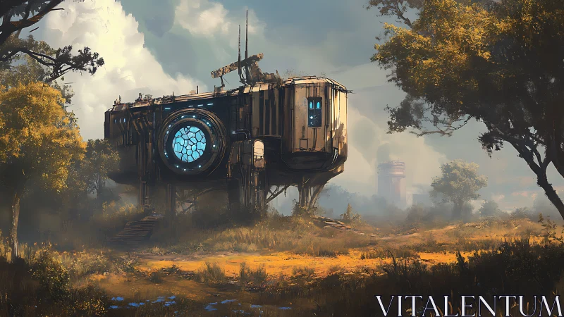 Isolated elevated module in overgrown rural landscape.