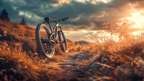 Mountain Bike Positioned Against Autumn Landscape at Golden Hour