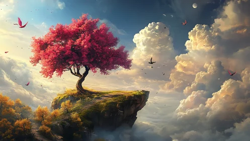 Scarlet tree crowns cliff amid luminous storm-sculpted clouds.