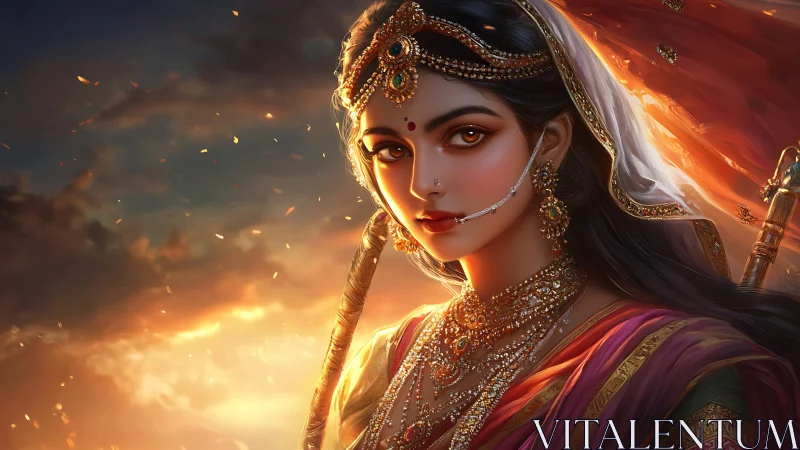 Regal warrior princess gazes through embers at sunset sky.