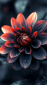 Luminous scarlet dahlia in cinematic low key closeup.