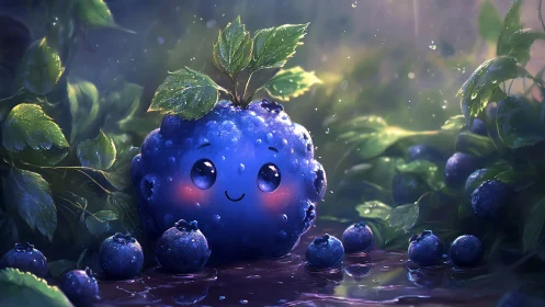 Anthropomorphic blueberry cluster sits among wet foliage
