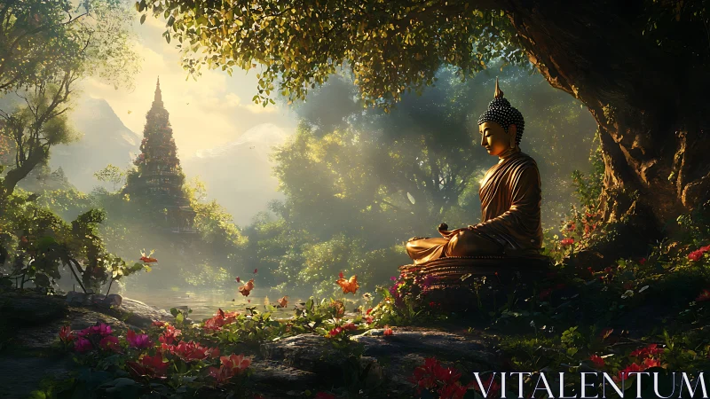 Golden seated Buddha statue in dense forest clearing at sunrise