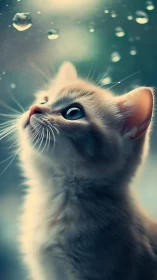 White Cat Gazing Upward Among Ethereal Water Droplets