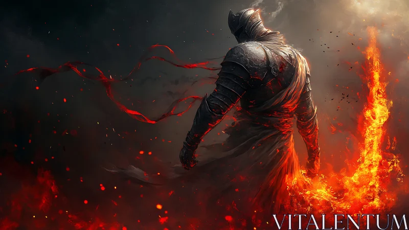 Emberclad knight strides through a roaring volcanic dusk.