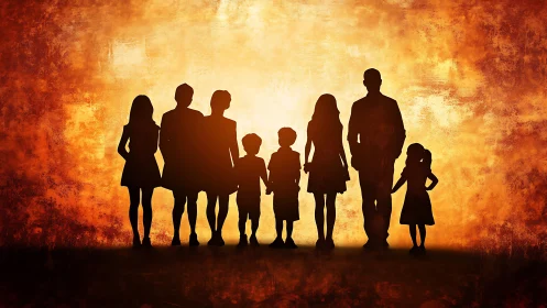 Silhouetted family constellations glow against an ember sky
