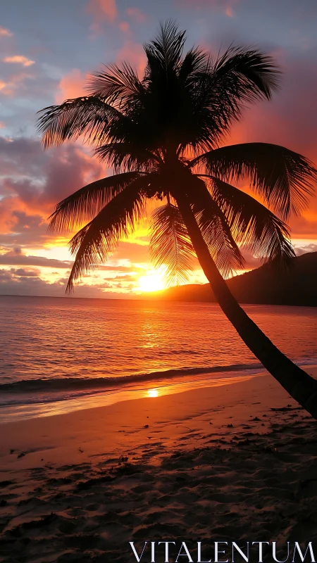 Palm tree silhouette aligns with low sun over coastal horizon