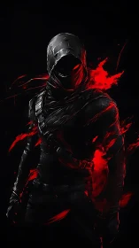 Hooded rogue in red-accented chiaroscuro, high-contrast digital rendering