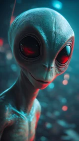Curious alien visitor gazes ahead in neon sci fi glow