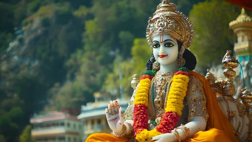 Photorealistic Hindu deity statue with ornate garlands composition.