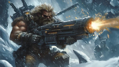 Armored bearded gunner fires heavy plasma rifle in blizzard