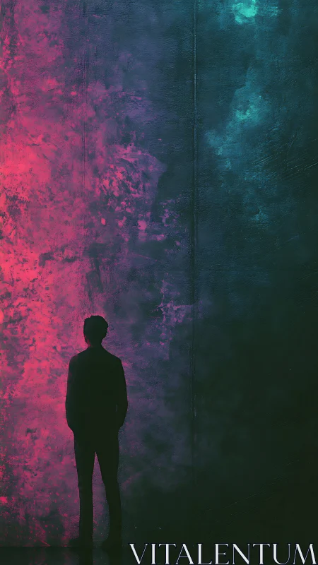 Silhouetted dreamer bathed in soft neon pink and teal glow.