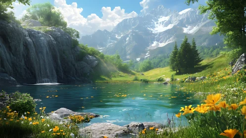 Alpine waterfall pool under snowcapped peaks in vivid light.