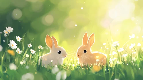 Two small rabbits sit in illuminated spring meadow