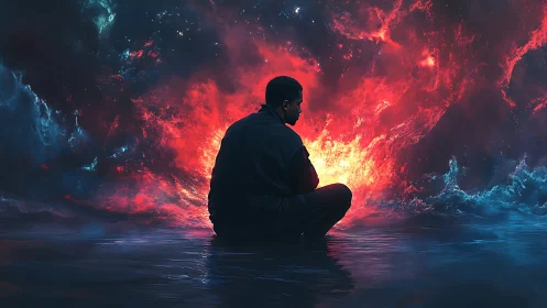 Soulful figure resting before a cosmic storm of color.