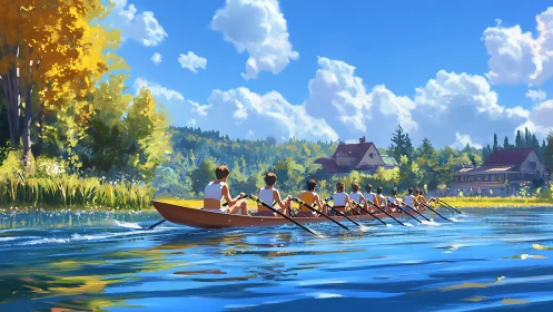 Competitive youth rowing crew on sunlit lake with cottages