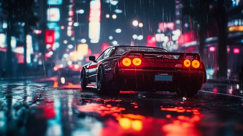 Rear street view of sports car in wet neon city at night.
