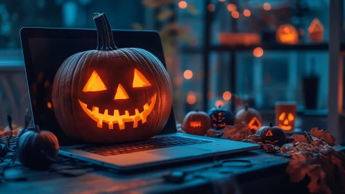 Carved jack o lantern on laptop amid indoor Halloween decor.