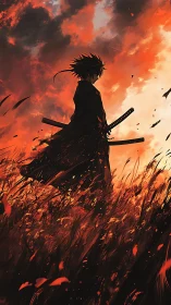 Lone anime swordsman stands in burning dusk field of fire