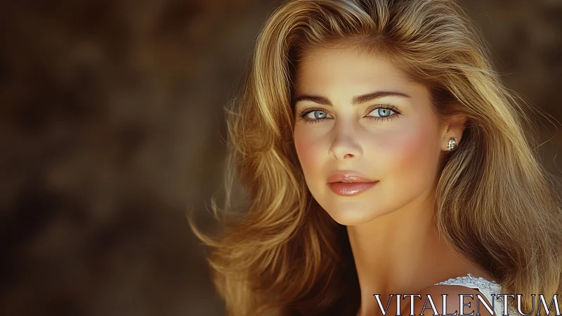 Sunlit blue-eyed muse framed in golden, flowing hair.