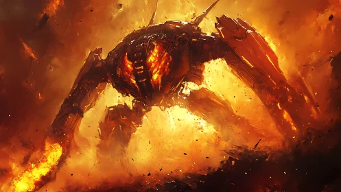 Molten war mech strides through erupting inferno blast zone
