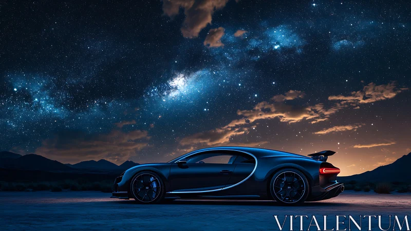 Sports car parked on desert road under dense night sky.