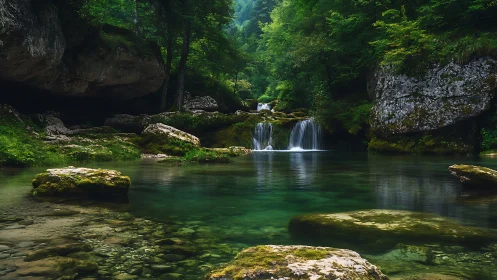 Mossy limestone gorge pool with tiered forest waterfall view