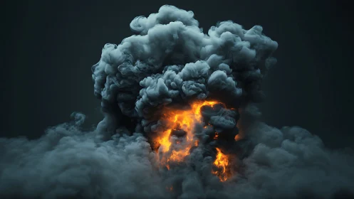 Dense dark smoke plume with central fiery explosion core.