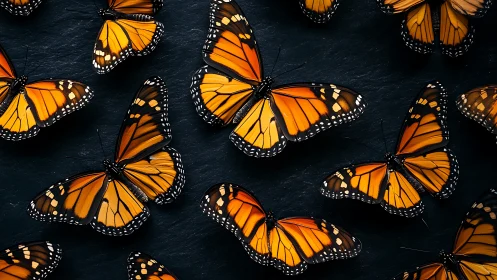 Monarch butterflies arranged on dark slate background.