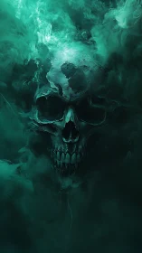 Volumetric teal smoke coalescing into a high-contrast spectral skull