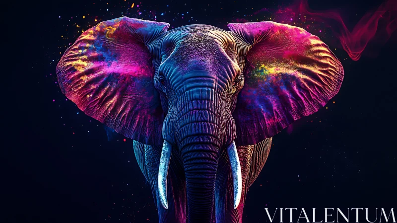 Neon elephant portrait glows with cosmic color and energy.