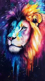 Cosmic Mane King in Neon Watercolor Roar of Color.