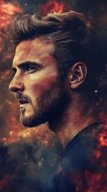 Stoic male profile framed by fiery cosmic nebulae.
